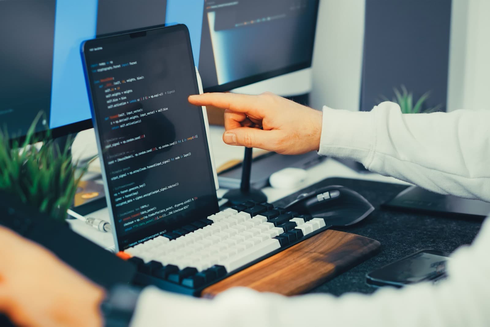 A hand pointing at code on a screen in a dual-monitor setup
