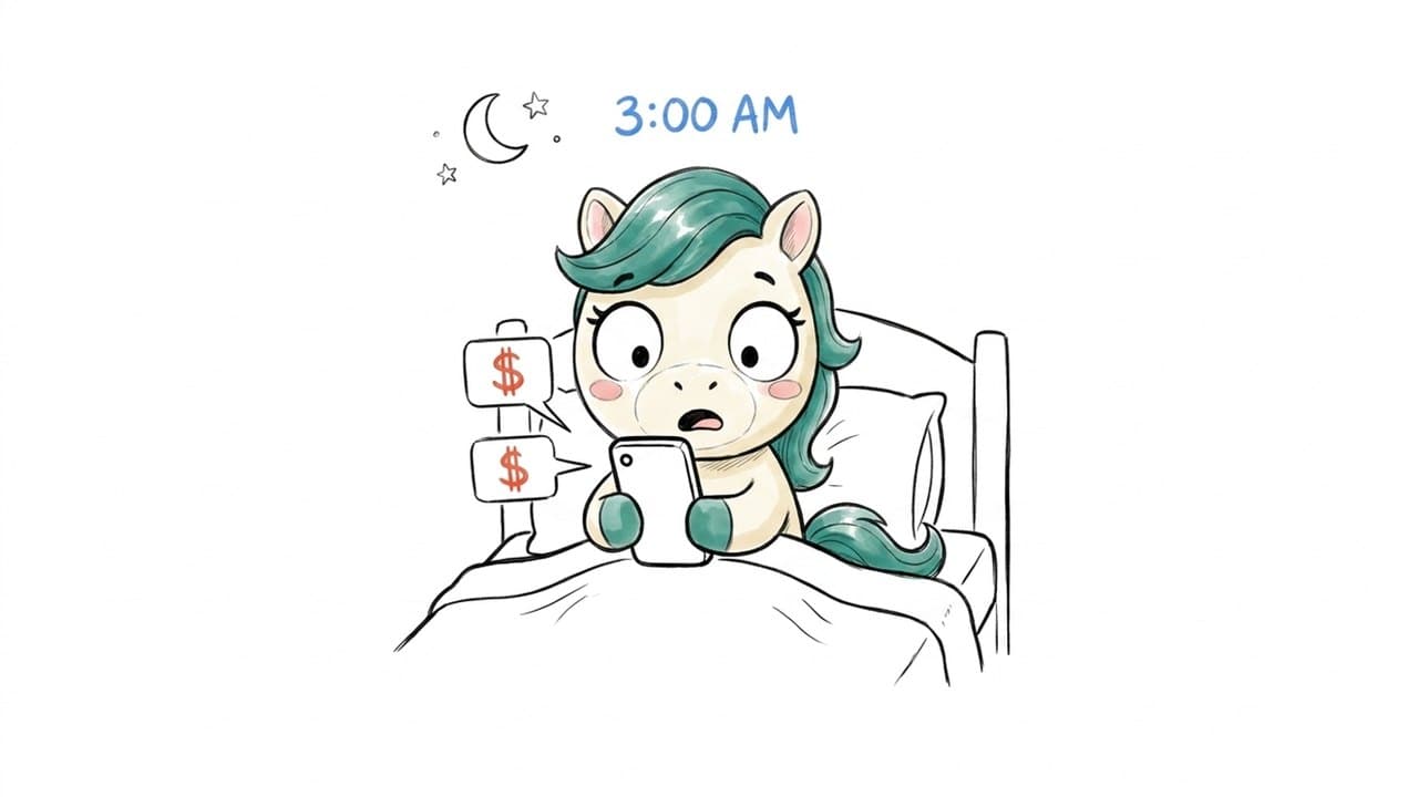 The mascot sits up in bed at 3:00 AM staring at a phone with stacked dollar-sign spend alerts