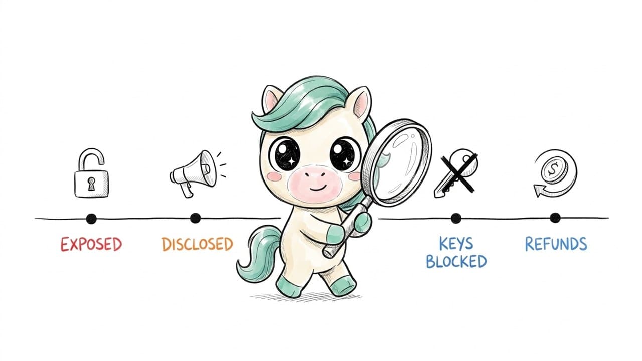The mascot walks along a timeline with a magnifying glass, labeled exposed, disclosed, keys blocked, refunds