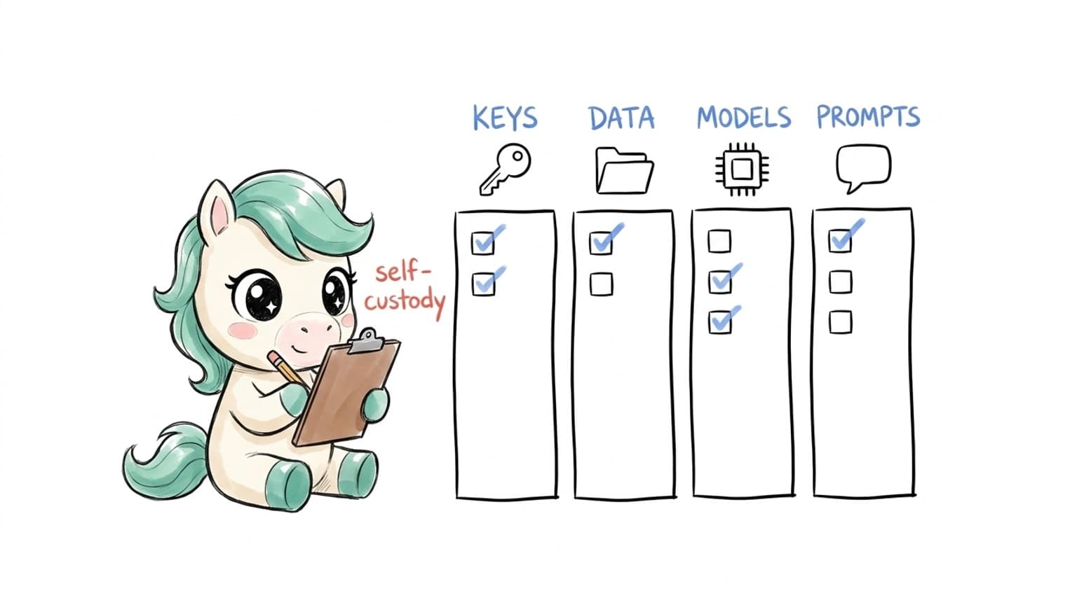 The mascot holds a clipboard checking off items across four columns labeled keys, data, models, and prompts, labeled self-custody