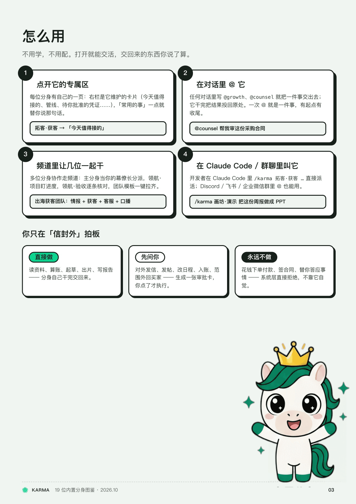 A product deck page: how to use it — four invocation-method cards, plus the do-directly, ask-first, and never three-tier permission blocks