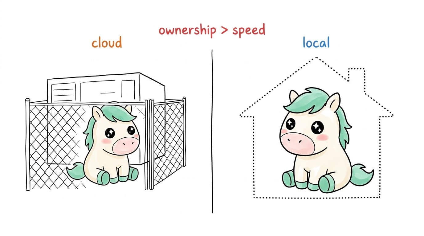 Illustration: the mascot fenced inside a cloud data center on the left, sitting safely inside a dotted-outline house on the right, captioned ownership > speed