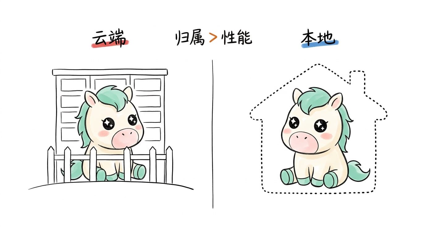 插画：左侧吉祥物被关在云端机房的围栏里，右侧吉祥物安坐在本地小屋的虚线轮廓内，中间写着归属大于性能