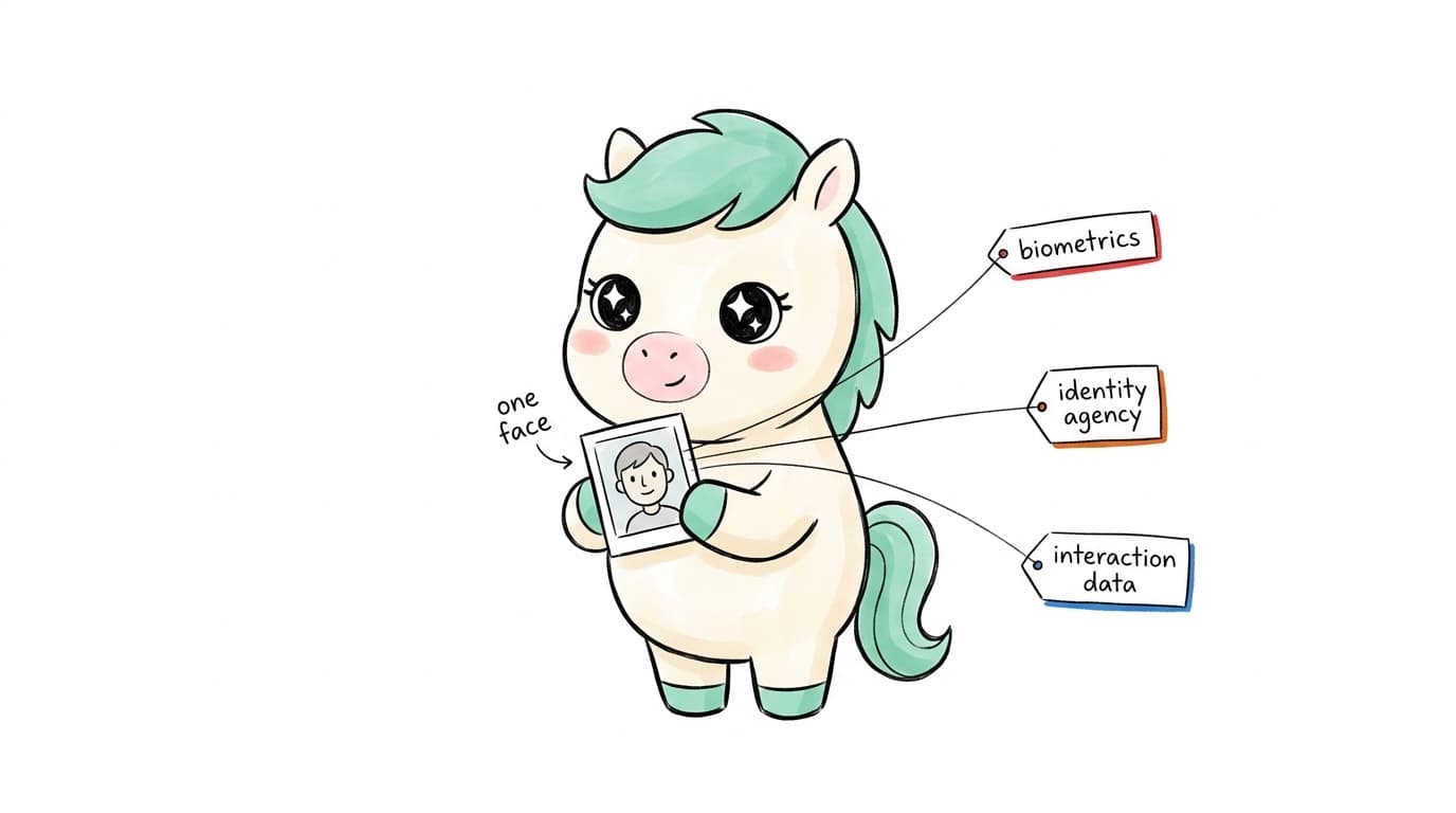 Illustration: the Karma mascot holding up one photo, with three tags pointing to biometrics, identity agency, and interaction data
