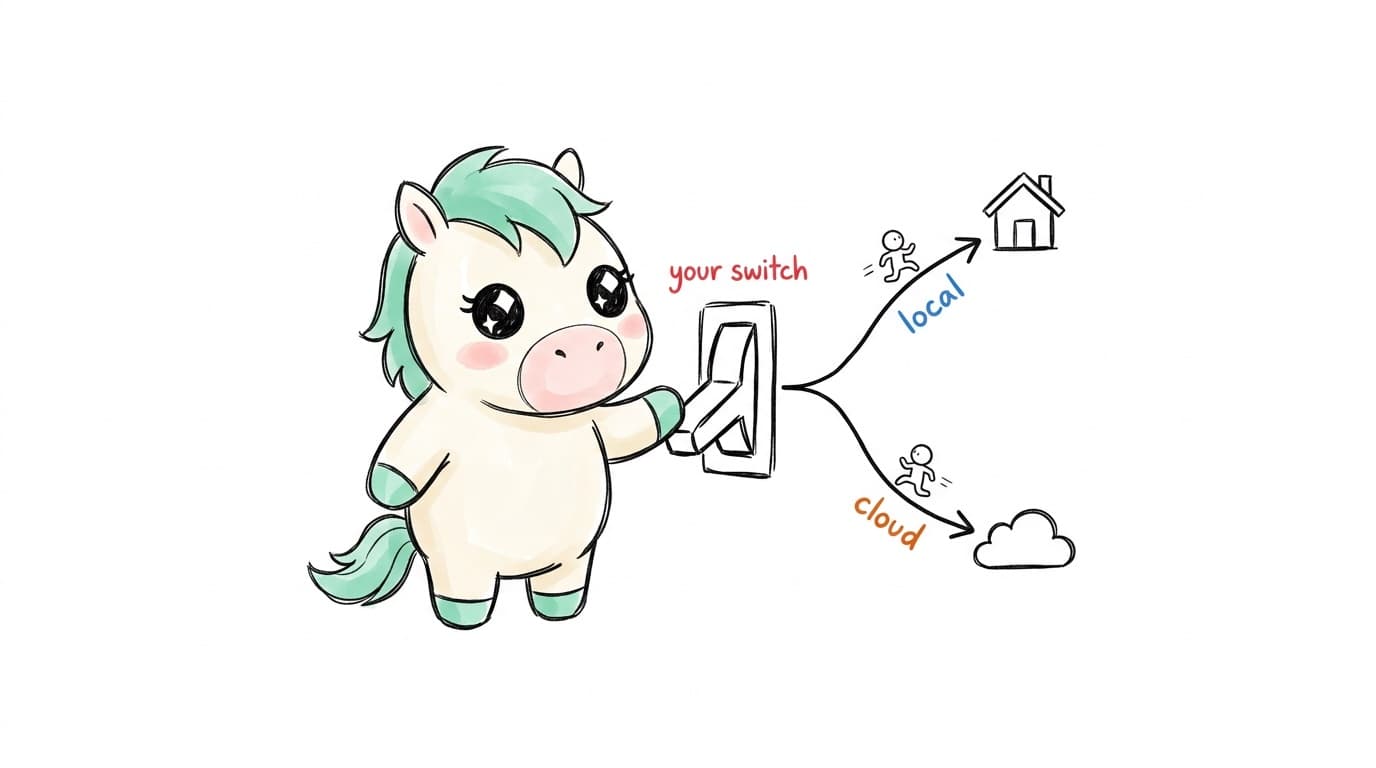 Illustration: the Karma mascot pressing a switch that branches into two paths, one to a house labeled local, one to a cloud labeled cloud, captioned your switch
