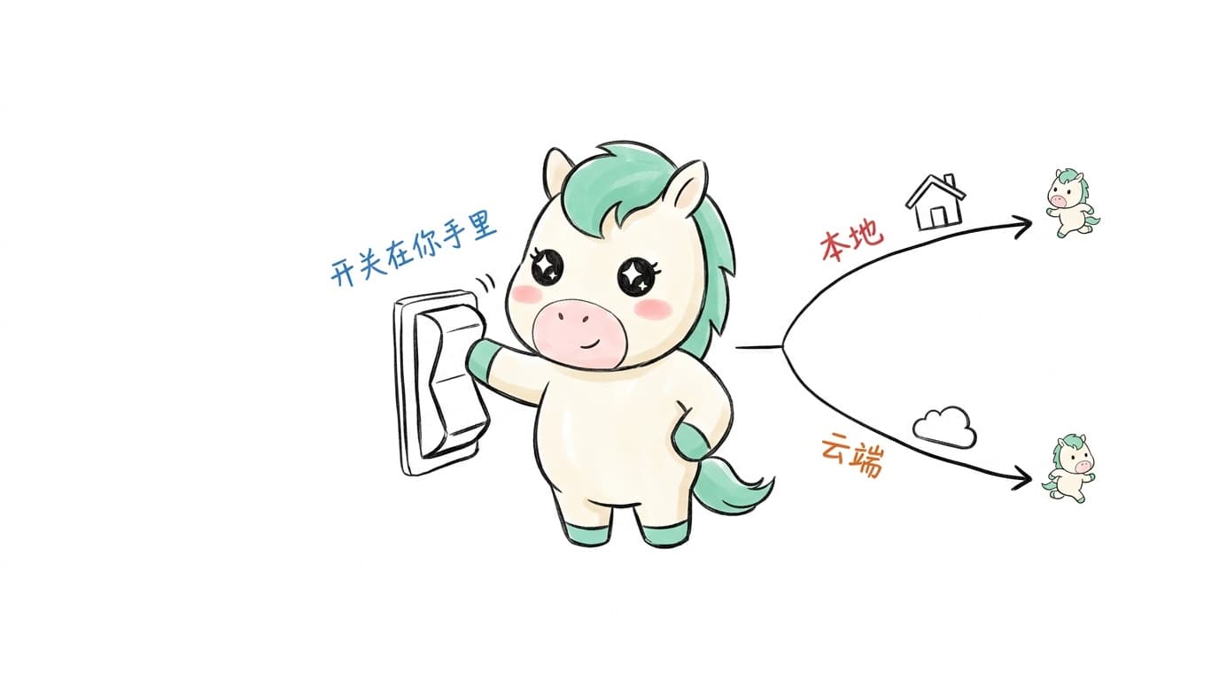 插画：Karma 吉祥物手按一个开关，分出两条分叉路径，一条通向本地小屋，一条通向云朵，开关在你手里