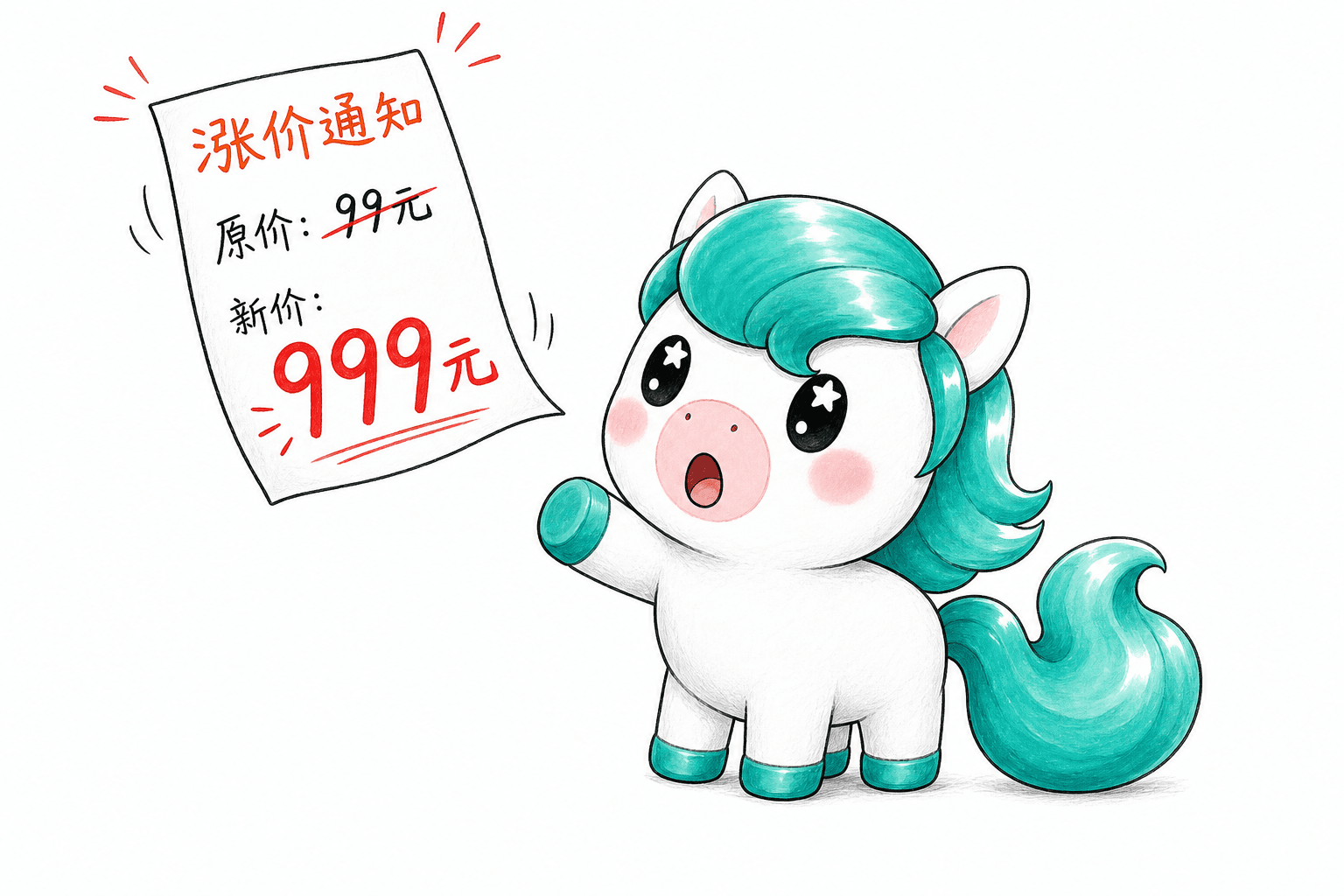 插画：Karma 吉祥物看着一张涨价通知，价格从 39 元划掉变成 9999 元，表现云服务价格突然暴涨