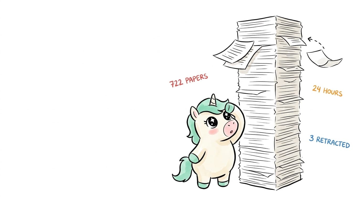 Illustration: the mascot looks up at a tower of 722 papers, captioned "24 hours" and "3 retracted"