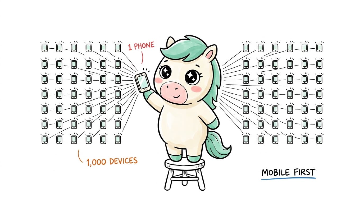 Illustration: the mascot holds one phone that commands 1,000 devices, captioned "1 phone", "1,000 devices", "mobile first"
