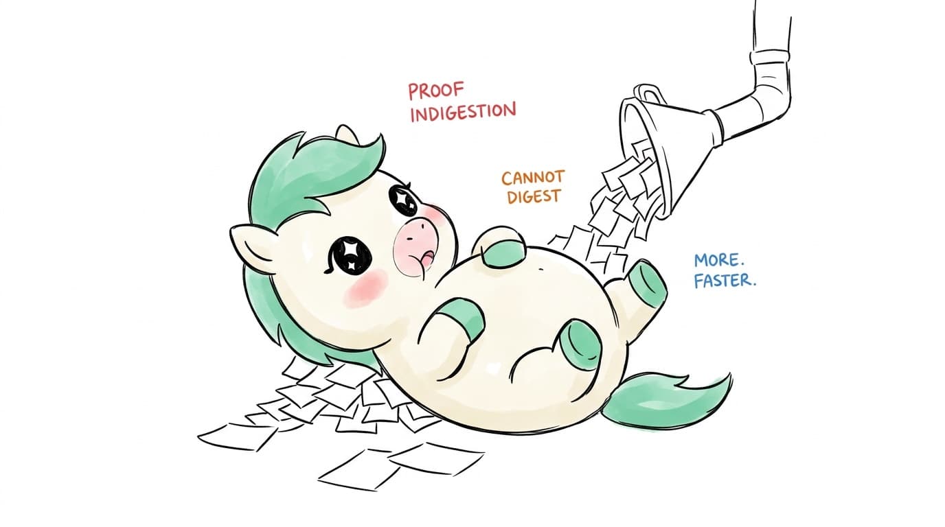 Illustration: the mascot slumped on the ground as a funnel pours papers into its mouth, captioned "proof indigestion", "cannot digest", "more, faster"