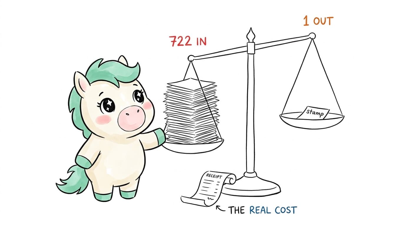 Illustration: the mascot weighs a tall stack of papers labeled "722 in" against a single stamp labeled "1 out", captioned "the real cost"
