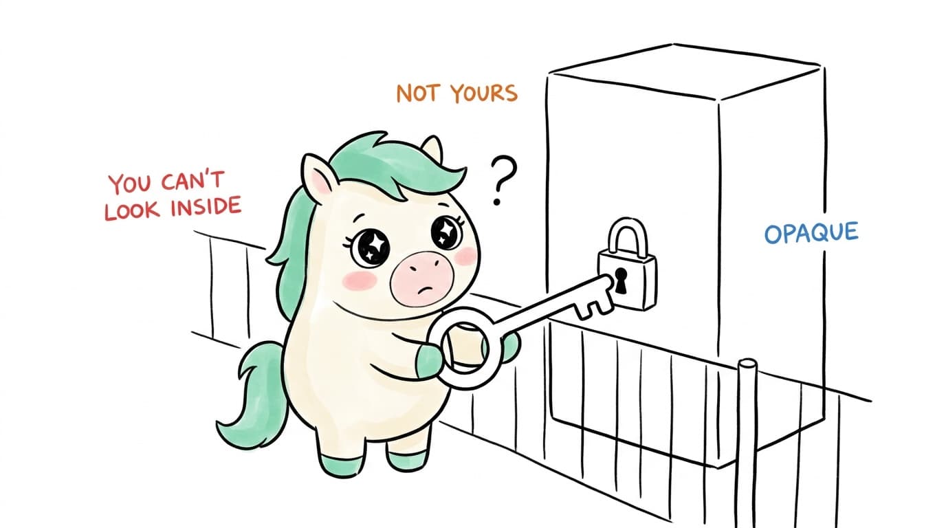 Illustration: the mascot holds a key to a locked, opaque box, captioned "you can't look inside", "not yours", "opaque"