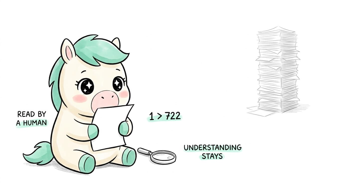 Illustration: the mascot reads a single page by hand, captioned "read by a human", "1 > 722", "understanding stays"