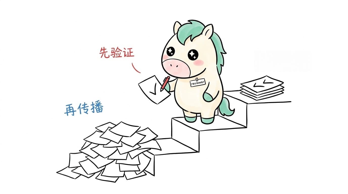 插画:小马站在台阶上先给一份文件打勾验证,再把一摞纸传播出去,写着「先验证、再传播」