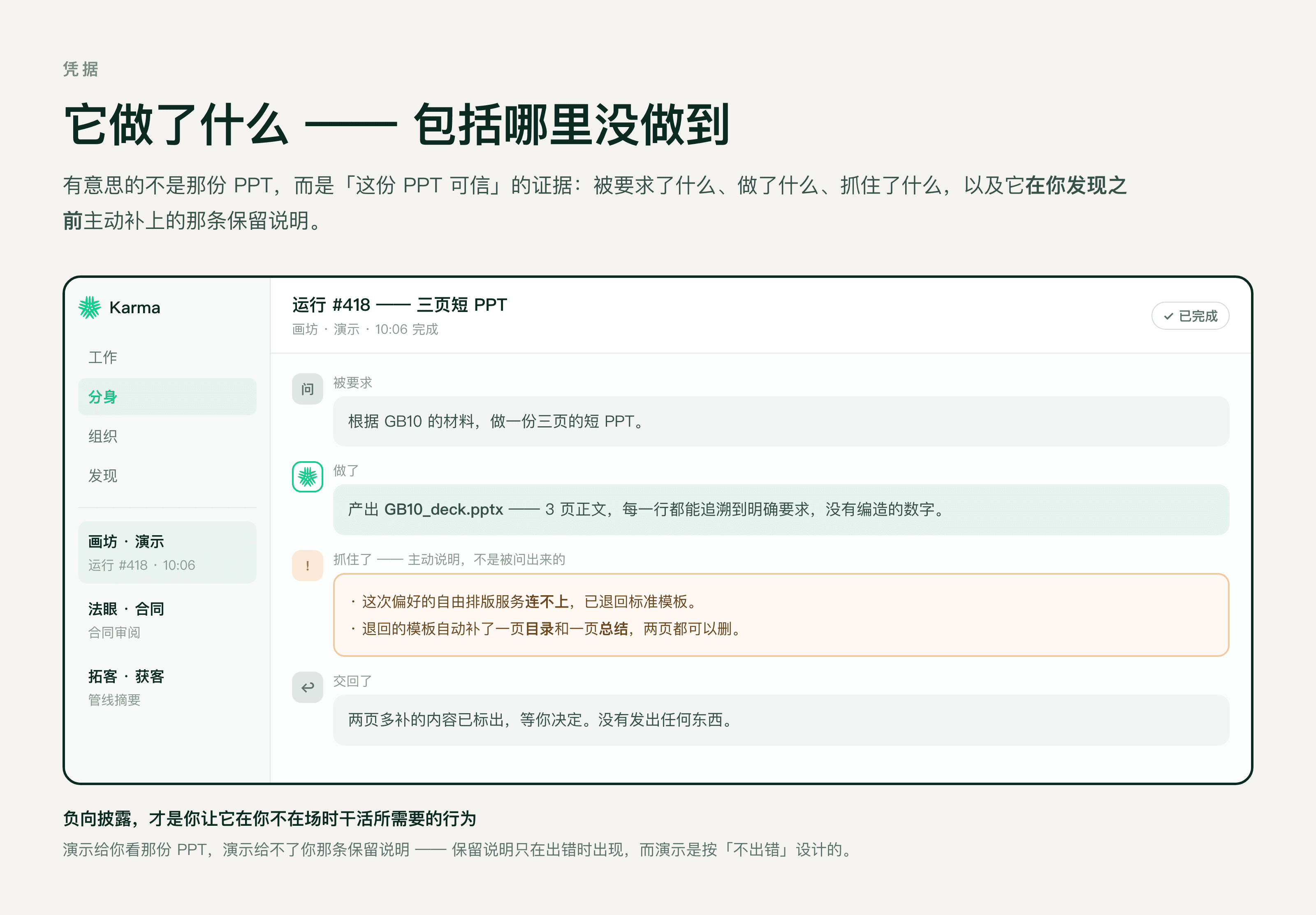 分身完成任务后交回的凭据:被要求了什么、做了什么、抓住了什么、交回了什么