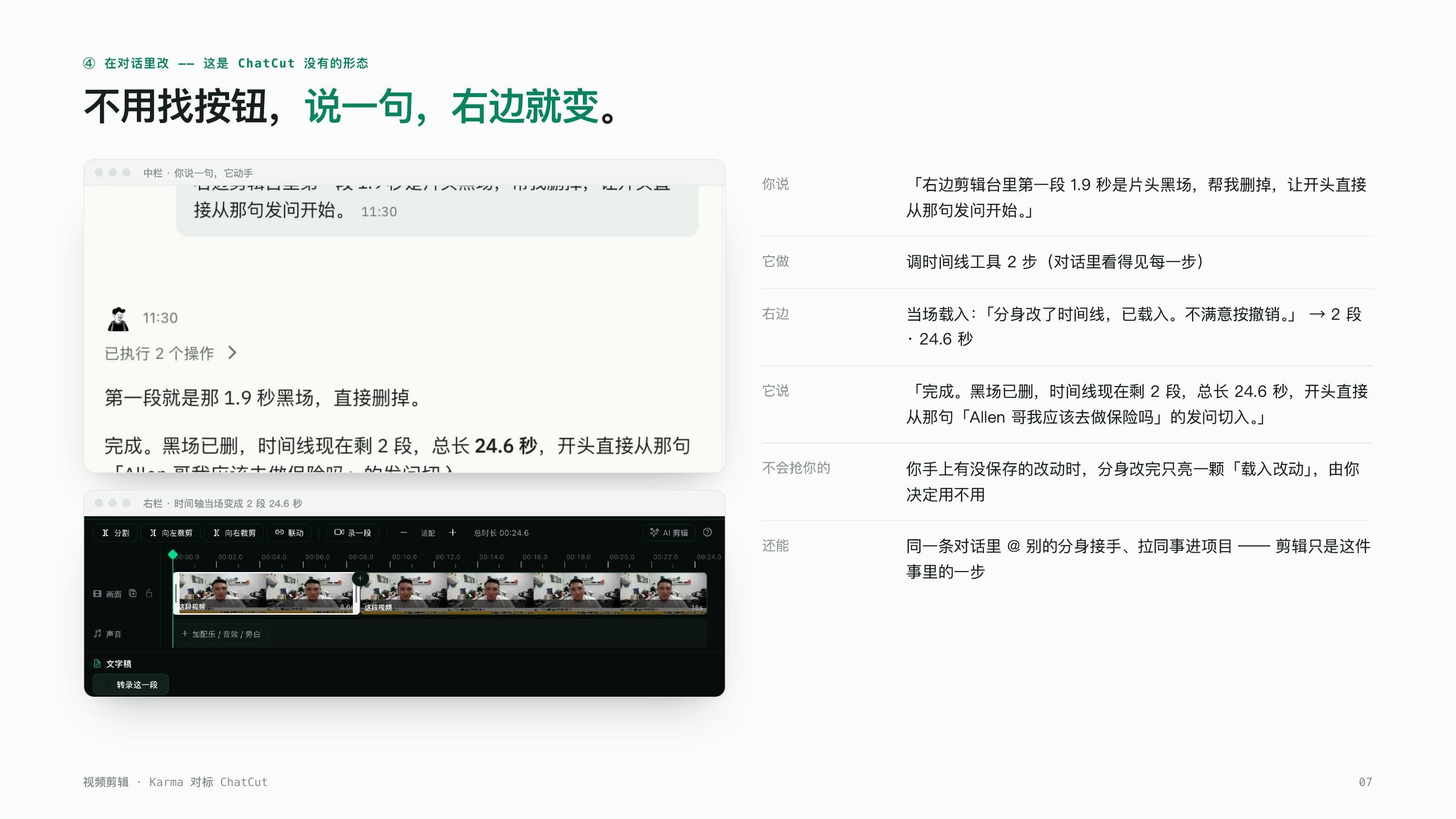 A real screenshot, full slide: saying directly in the chat to delete the black intro, with the timeline updating on the spot