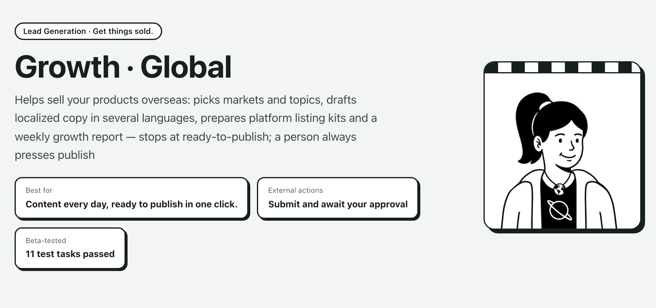 The Growth · Global avatar card: what it does, who it suits, outward actions await approval