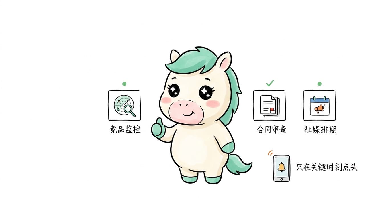 竞品监控、合同审查、社媒排期,只在关键时刻点头