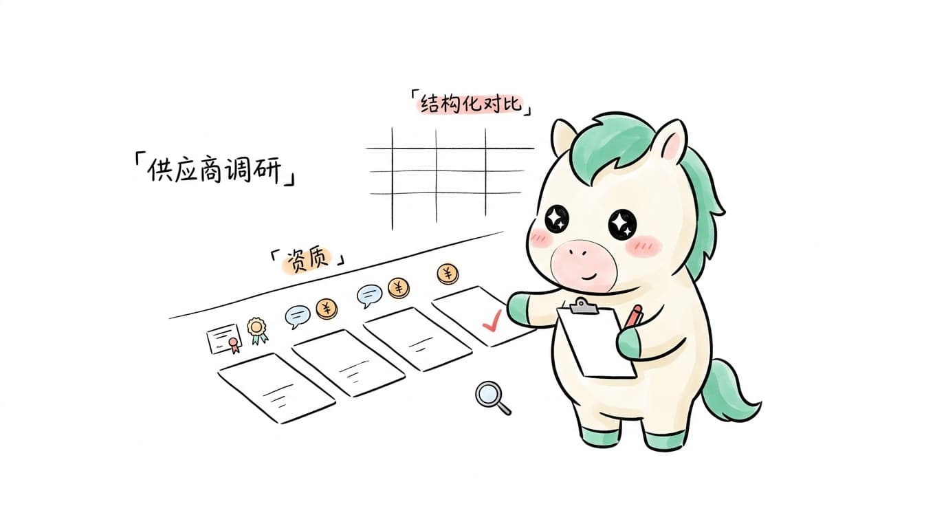 Supplier research: the mascot organizes qualification cards into a structured comparison table