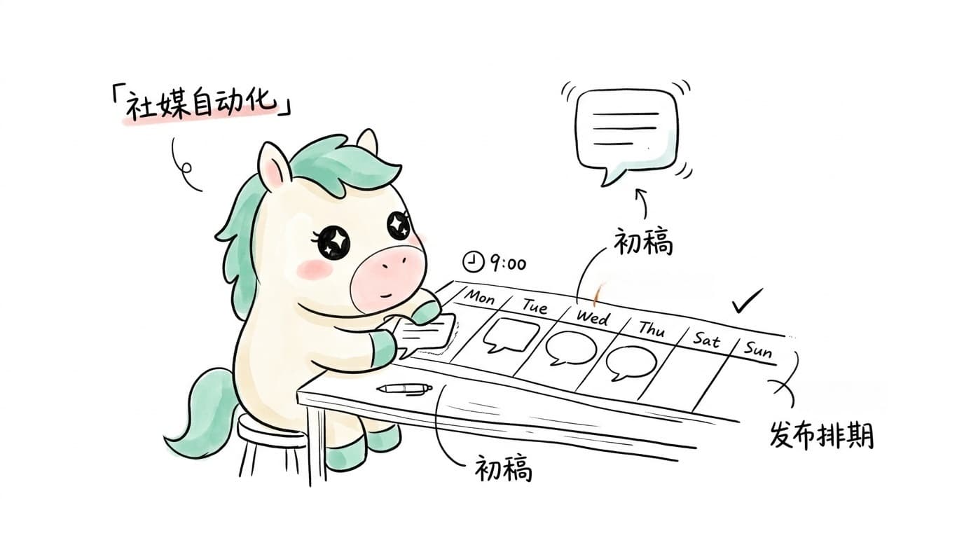 Social media automation: the mascot drafts a post and lines up the publishing calendar