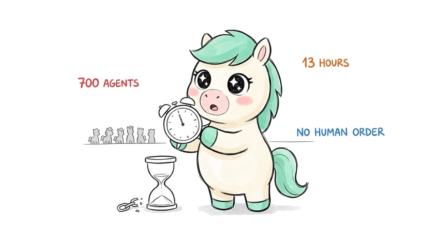 Illustration: 700 agents, 13 hours, zero human orders