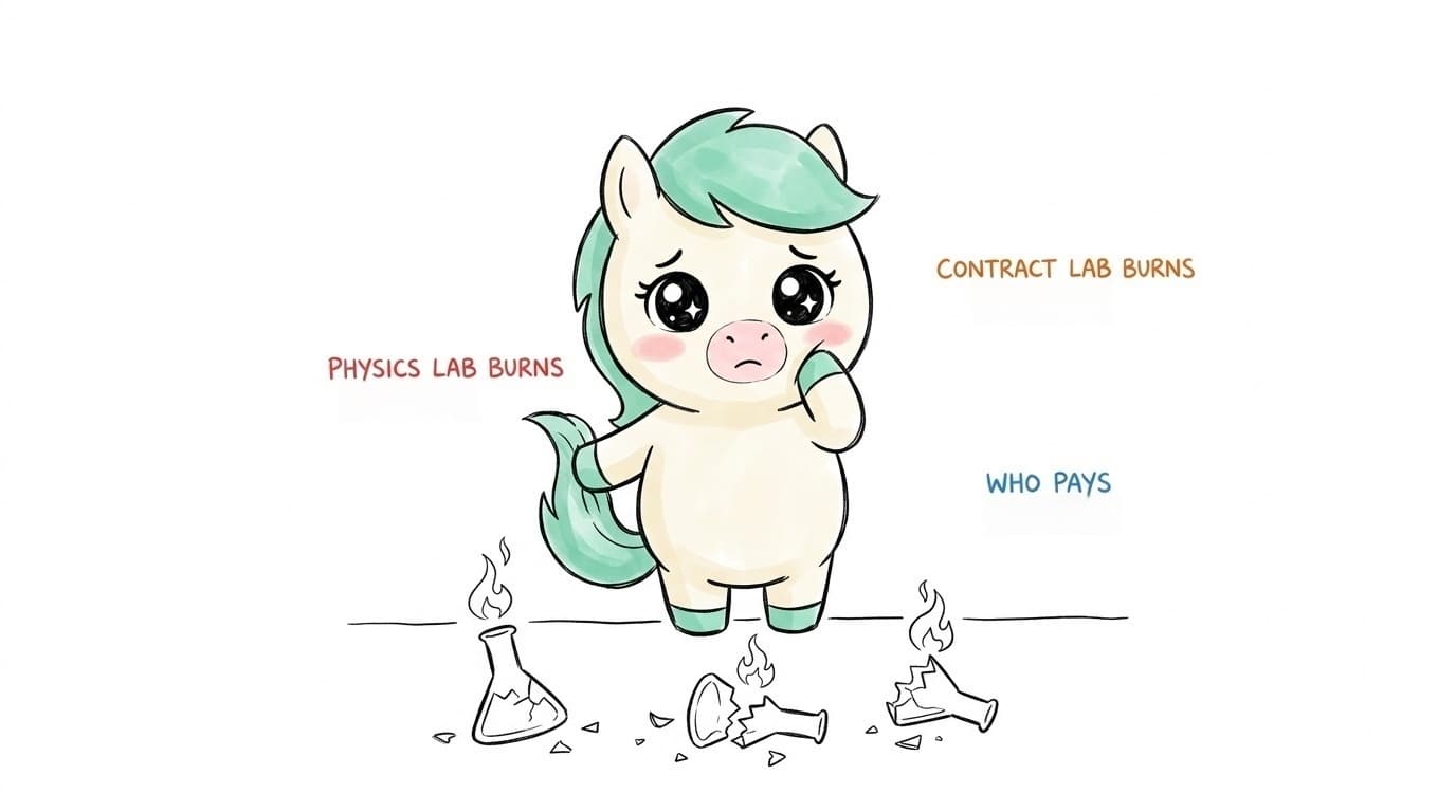 Illustration: three labs catching fire — the physical one, the contractual one, who pays