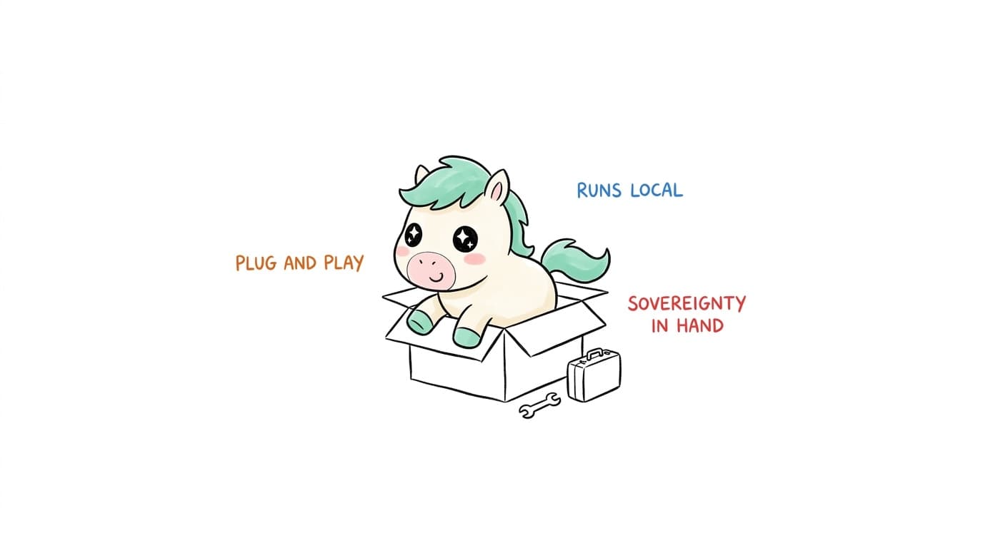 Illustration: plug and play, runs local, sovereignty in hand