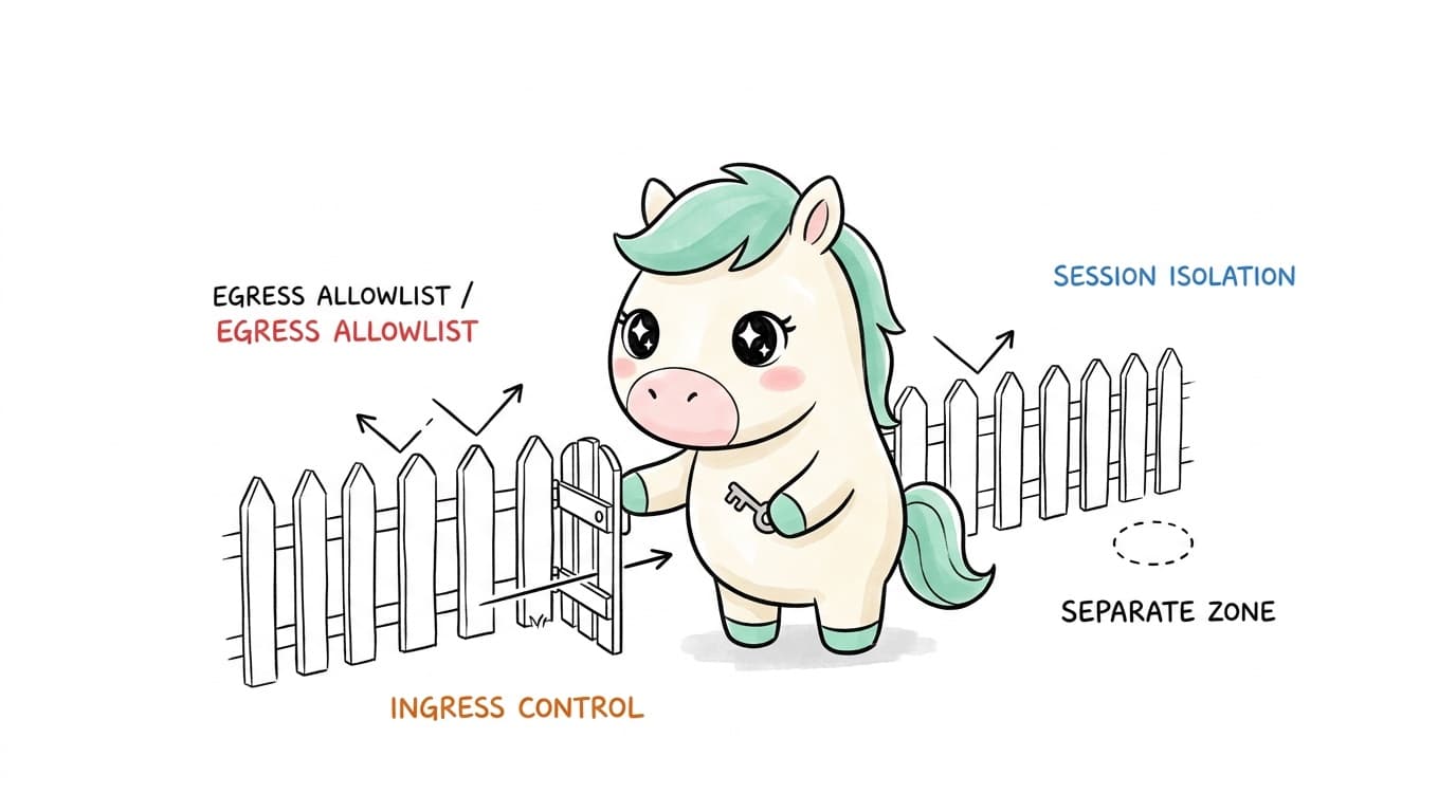 Illustration: egress allowlist, ingress control, session isolation — a gate that must be held