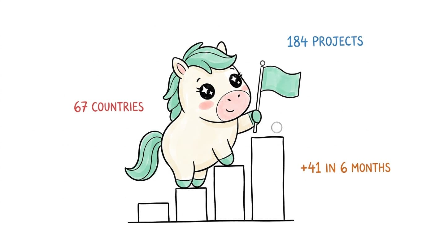 Illustration: the second wave — 67 countries, 184 projects, +41 in six months