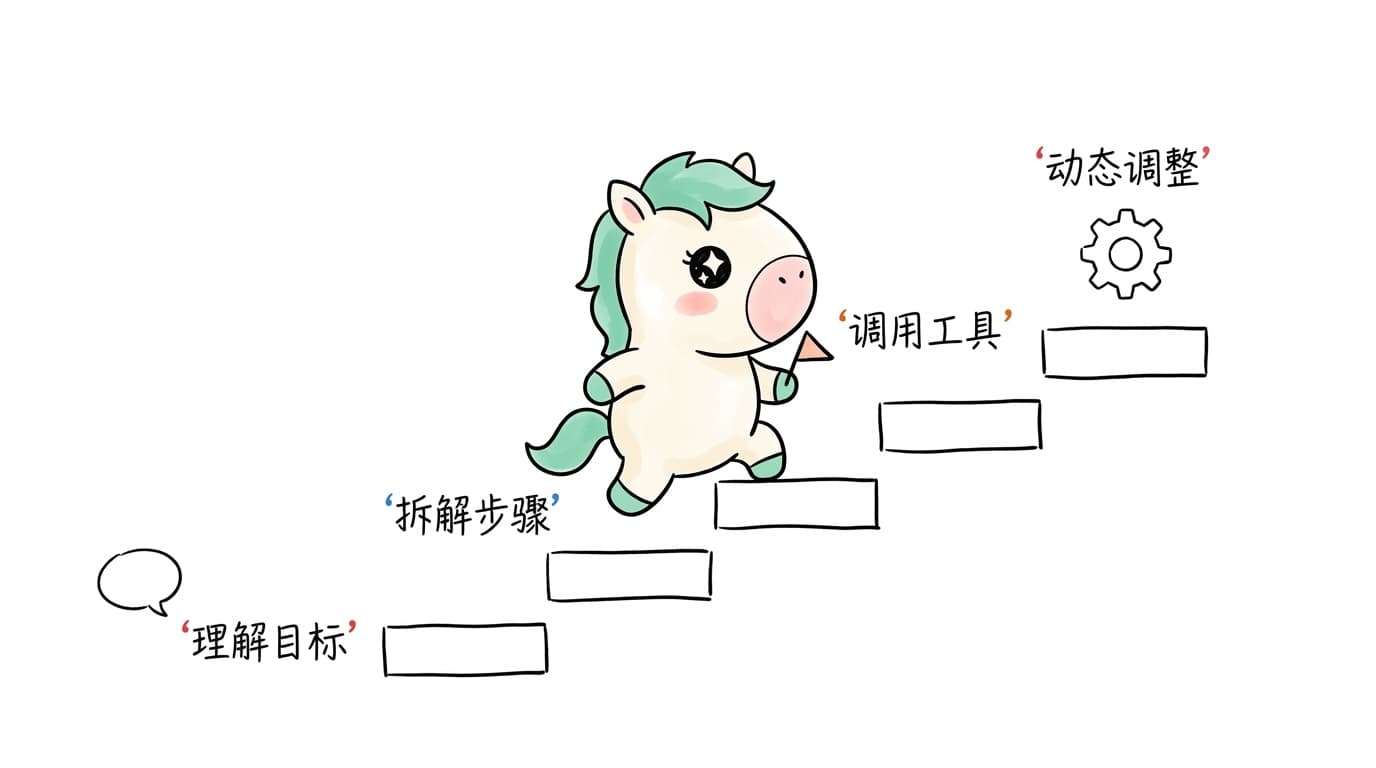 插画:智能体的四步闭环,理解目标、拆解步骤、调用工具、动态调整
