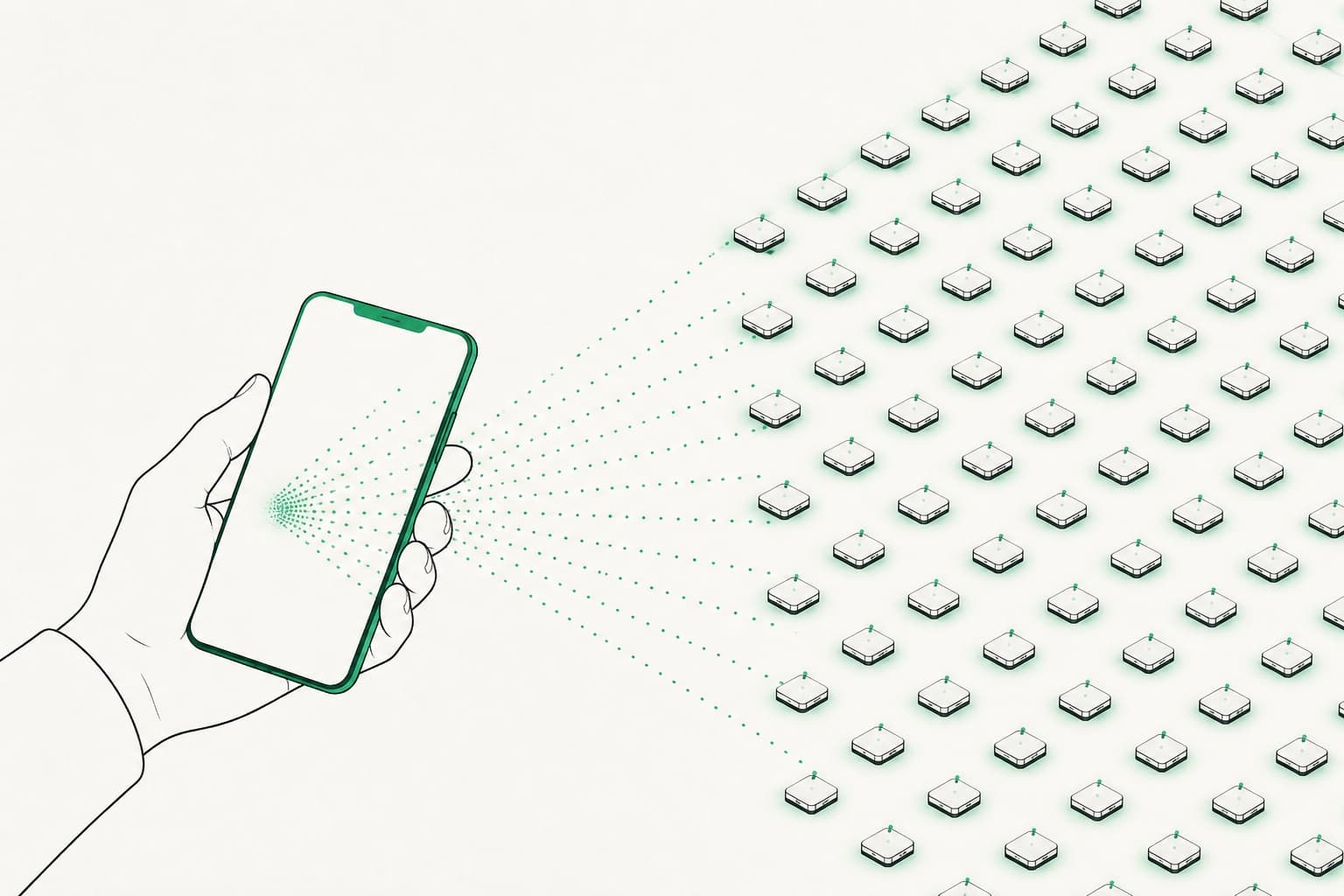 插画:一部手机向一整片 KarmaBox 设备广播指令