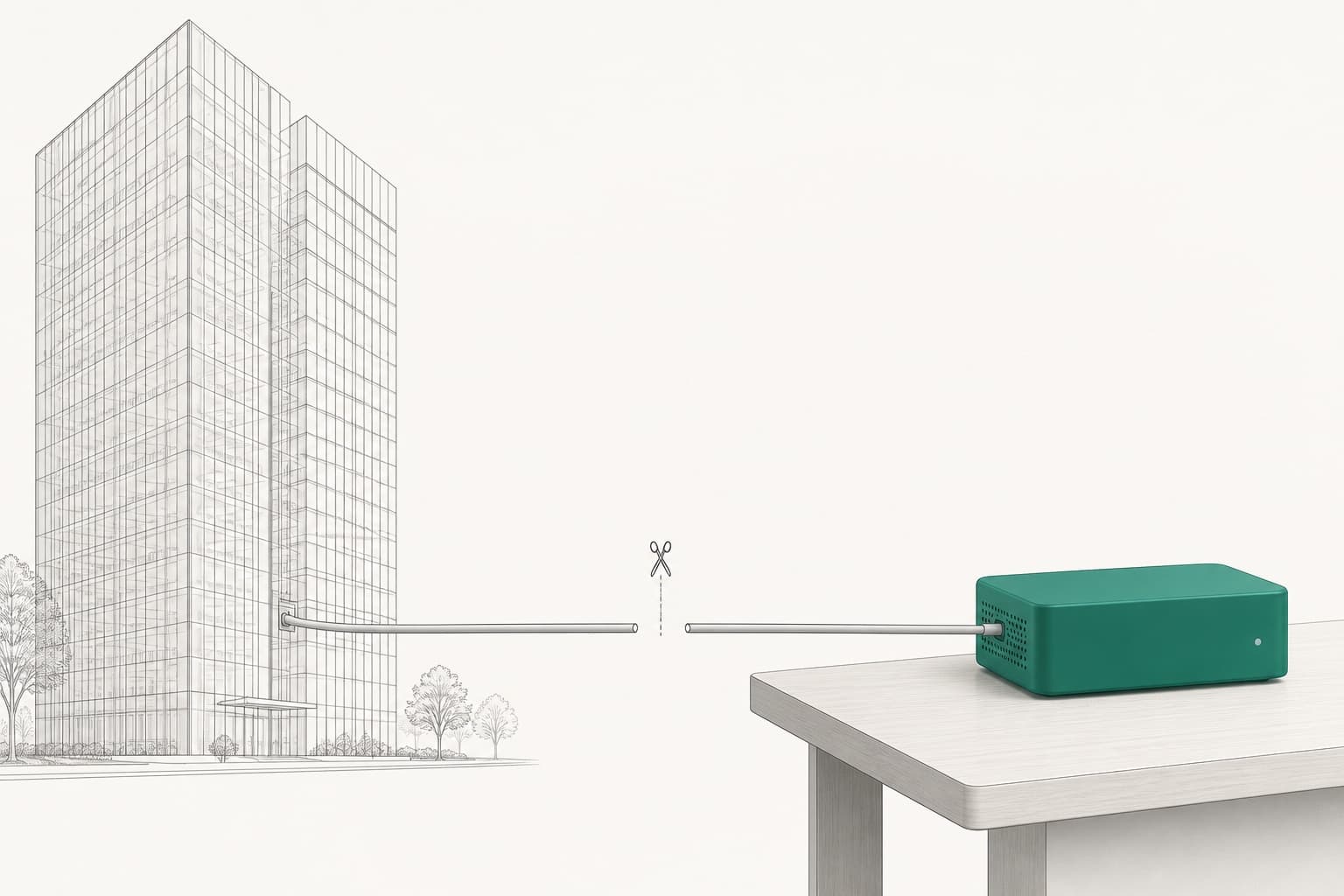 插画:一台 KarmaBox 从远处的写字楼剪断连接的缆线