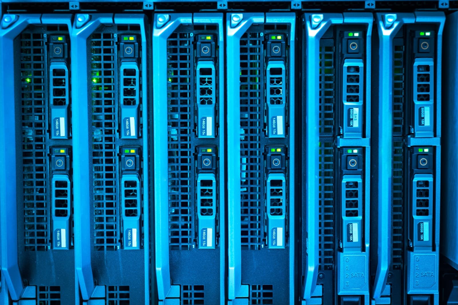 Close-up of hard drive bays in a data center rack