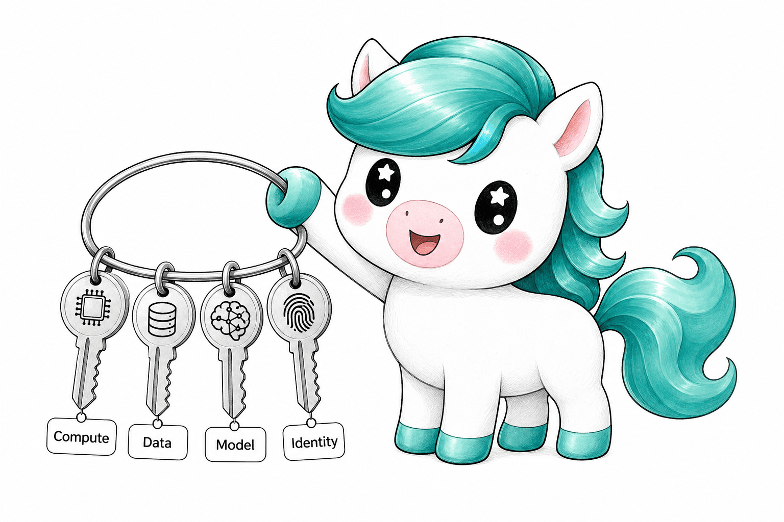 Illustration: the Karma mascot holds a keyring with four keys labeled compute, data, model, and identity, each firmly in its own hands