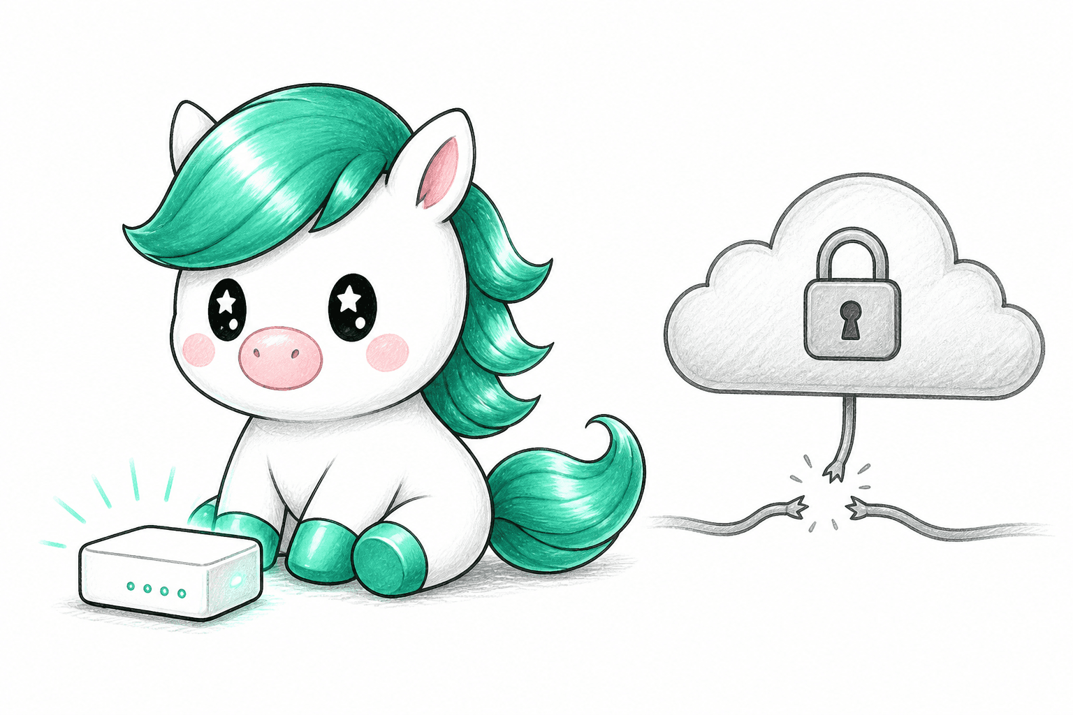Illustration: a padlocked cloud with a snapped connection represents a service outage, while the Karma mascot keeps working normally at its own device