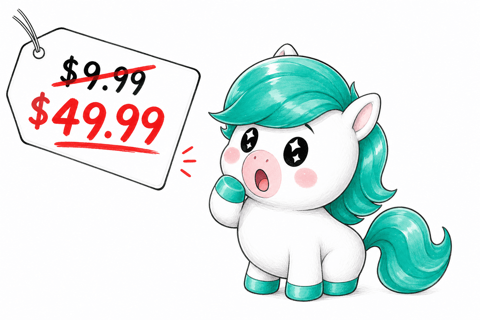 Illustration: the Karma mascot reacts in shock to a price-hike notice where a crossed-out low price is replaced by a much higher one